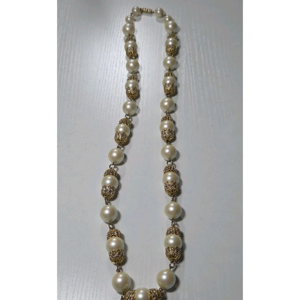 Vintage Statement Faux Pearl Necklace w/ Alternating Gold Filigree Spacers - Picture 2 of 5